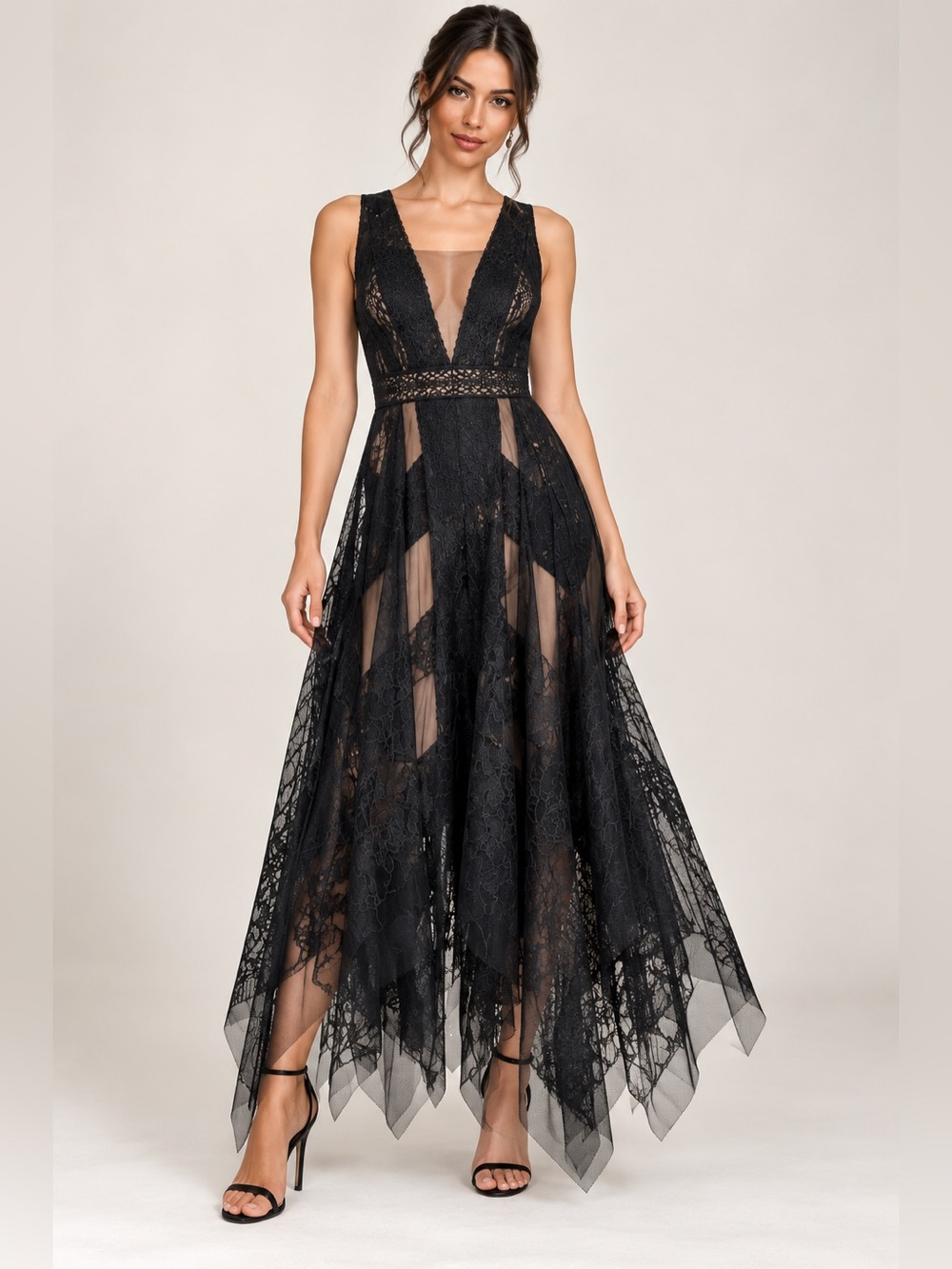 NWT BCBGMAXAZRIA Andi Black Nude Lace Asymmetrical Gown Size 2 - Picture 6 of 16